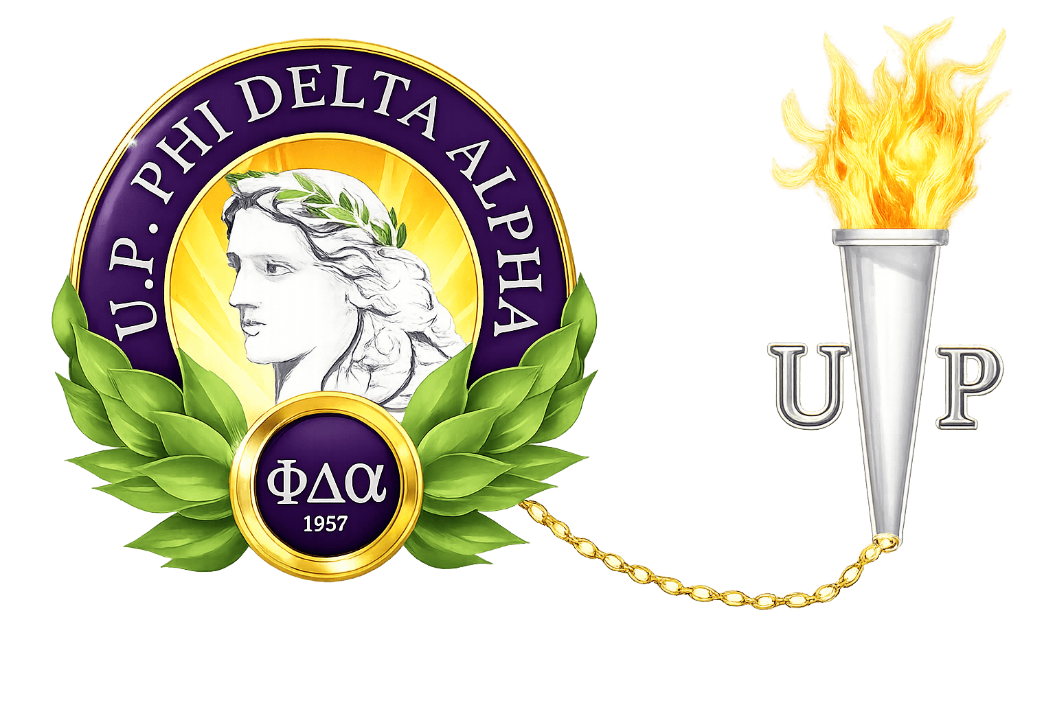 U.P. Phi Delta Alpha Sorority crest — a Greek lady framed by a golden laurel wreath, chained to the UP torch of wisdom